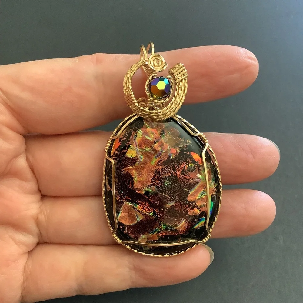 New hand wire dichroic glass pendant.